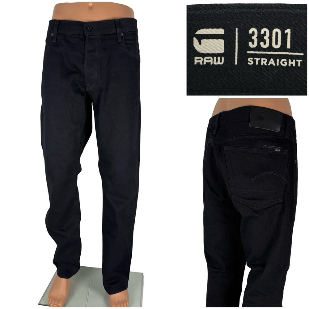 G Star Mens 40 x 34 Denim Jeans Black 3301 Straight Dark Wash Button Cotton EUC